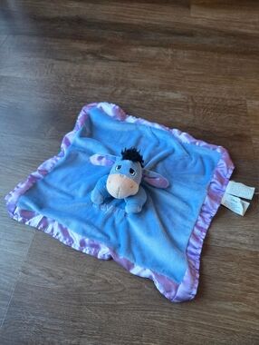 Disney Winnie the Pooh Eeyore Blue Lovey Security Blanket Purple Satin Trim